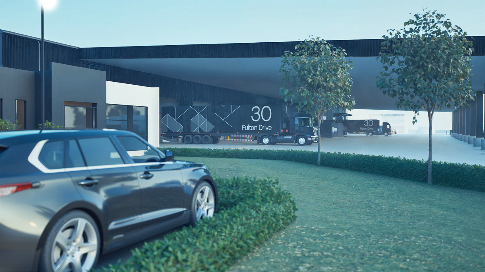 30 Fulton Drive — the supercanopy and estate signage at dusk