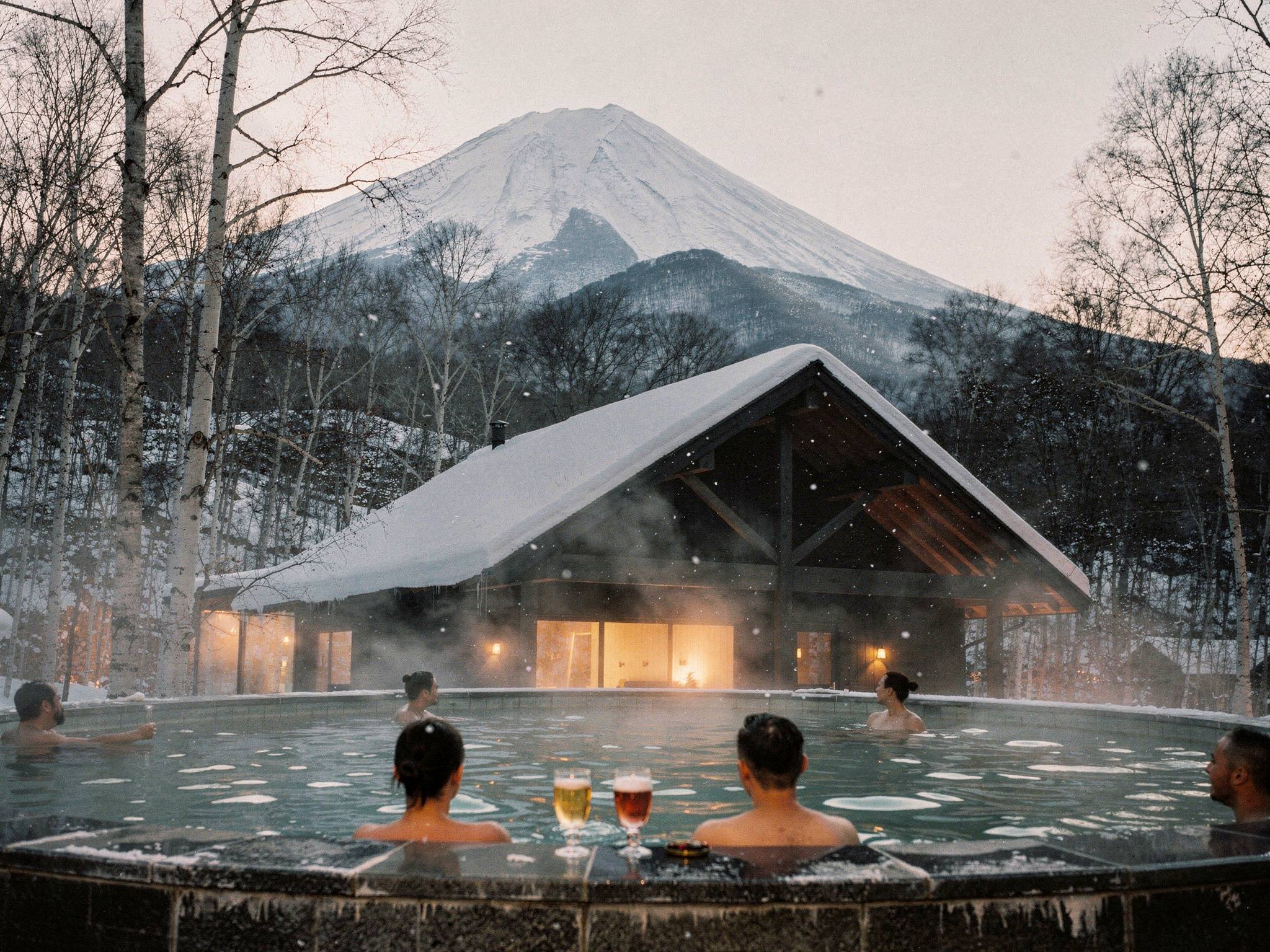 Guests soaking in the steaming onsen at dusk beneath Mt Yōtei
