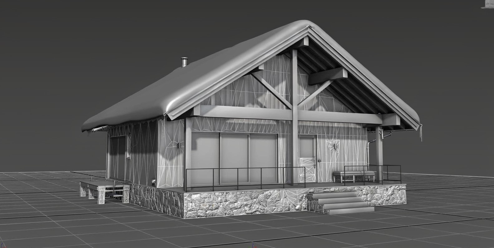 3ds Max viewport — the lodge model in wireframe over grey clay