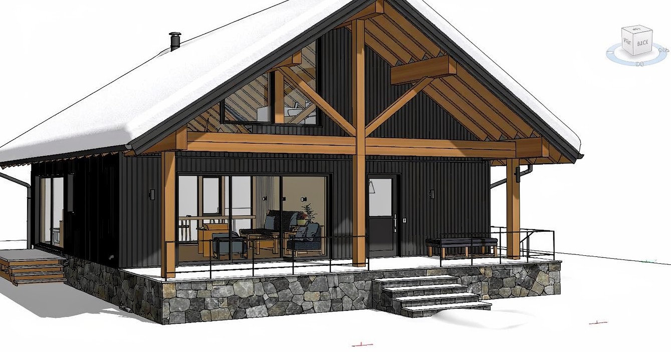 Revit model of a lodge with the section box open — charred cladding, stone base and roof trusses exposed