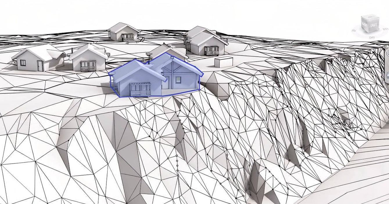 Revit massing view — the eight lodges placed on the sloping site topography