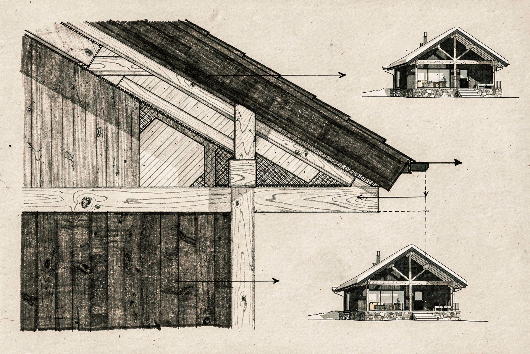 Pencil and ink eave detail — fir truss meeting the charred cladding and stone base