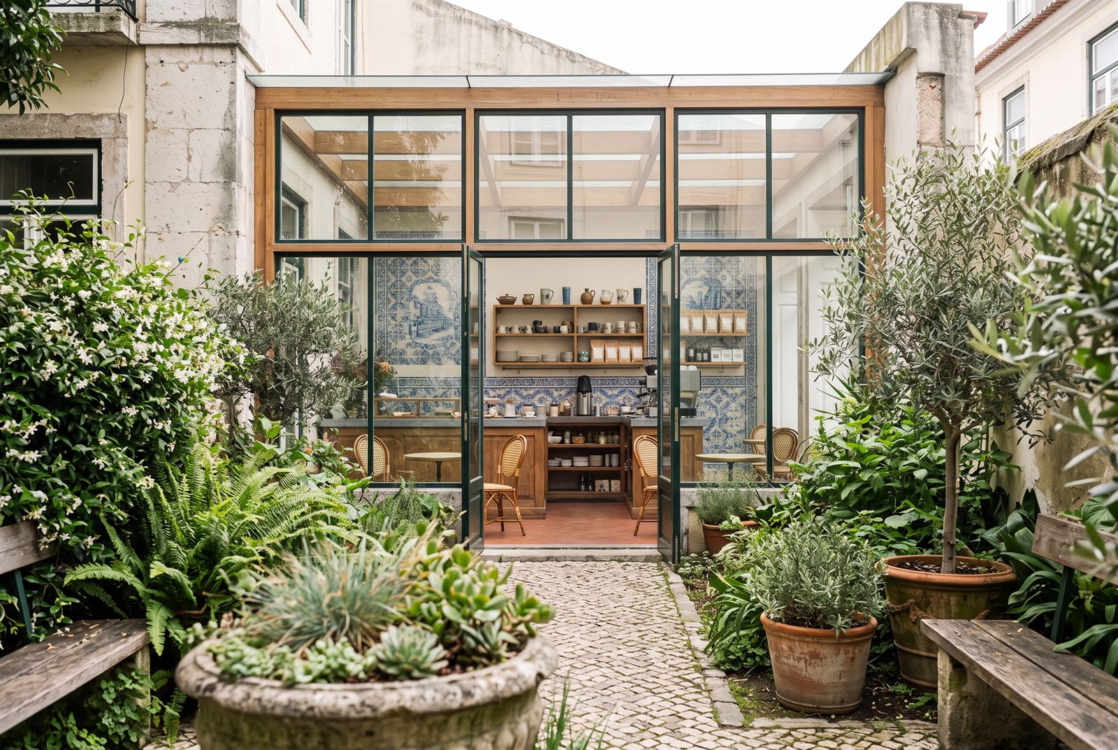 Cobbled courtyard with potted olives and succulents leading to the timber-and-glass café annexe, counter and azulejo panel visible inside