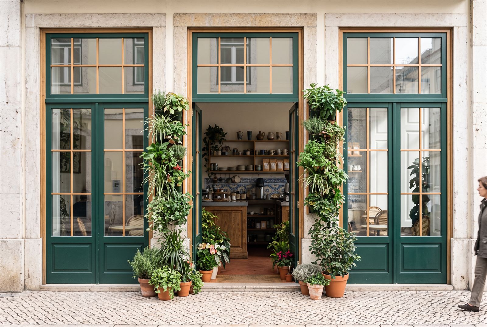 Street elevation of the café — three deep-green glazed bays in a limestone facade, planted columns and terracotta pots at the open door