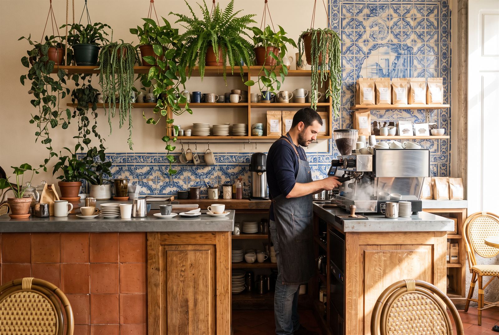 Barista steaming milk at the espresso machine, terracotta-tiled counter, hanging ferns and pothos above open shelves of ceramics