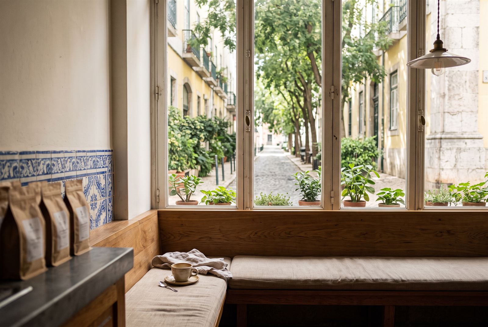 Oak window banquette with a linen cushion and a coffee cup, potted herbs on the sill and a tree-lined cobbled street beyond