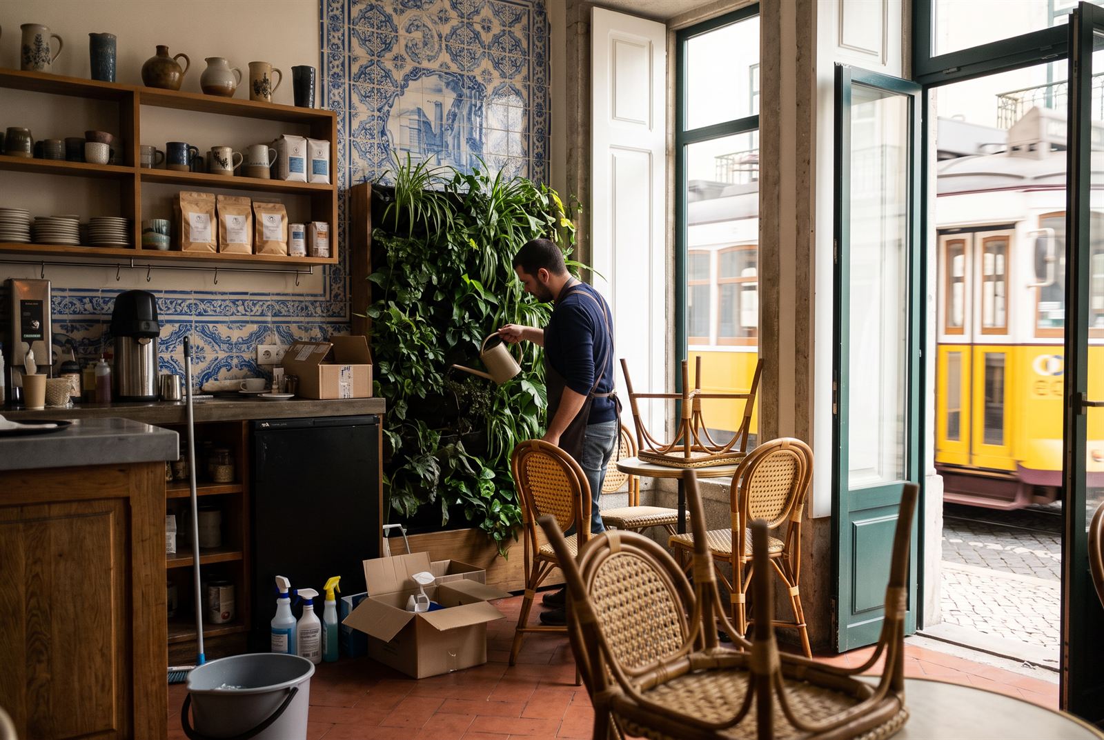Staff member watering the green wall before opening, chairs still stacked on tables and a tram passing the open door