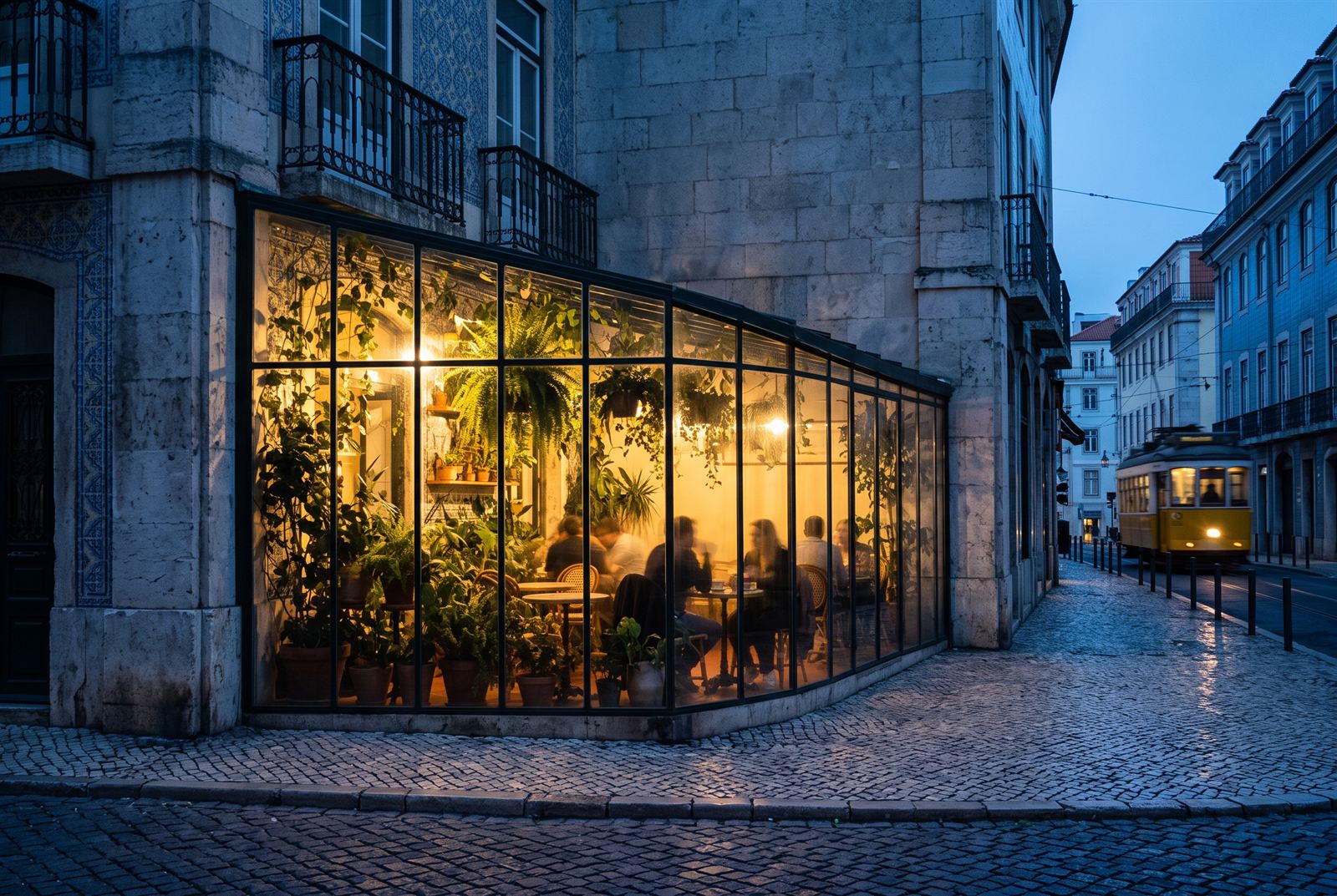 The corner glasshouse glowing warm at blue hour, ferns and diners silhouetted in the glass as a tram rounds the cobbled corner