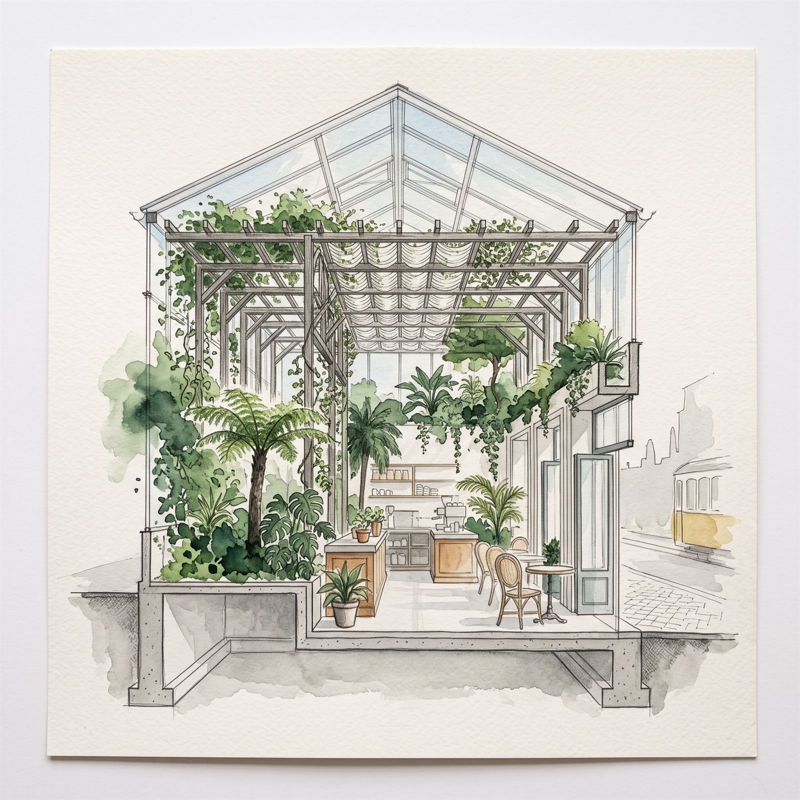 Watercolour cross-section through the glasshouse — trellis layer, hanging planting, counter and the tram street beyond