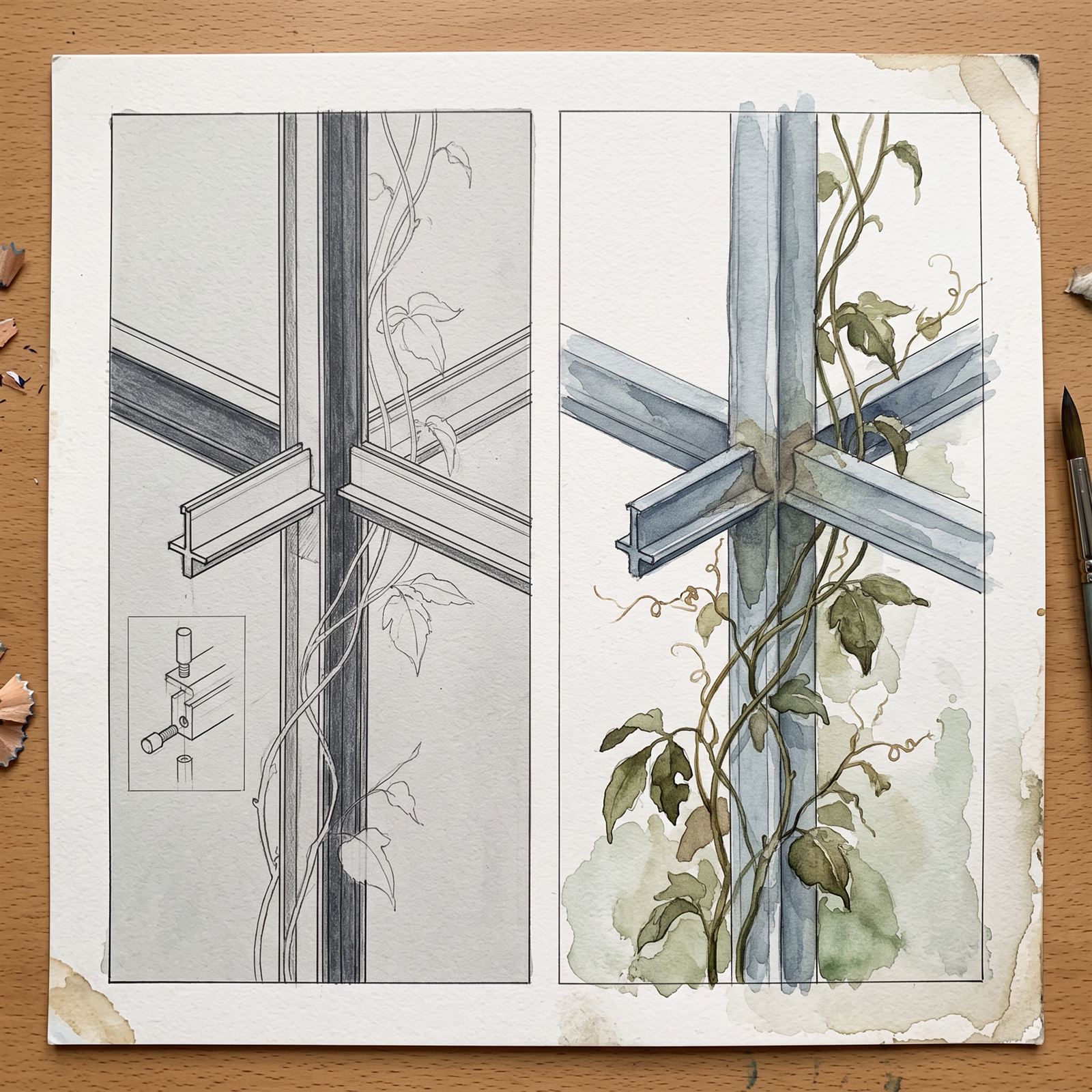 Pencil and watercolour study of the steel trellis junction with a training vine and its fixing detail