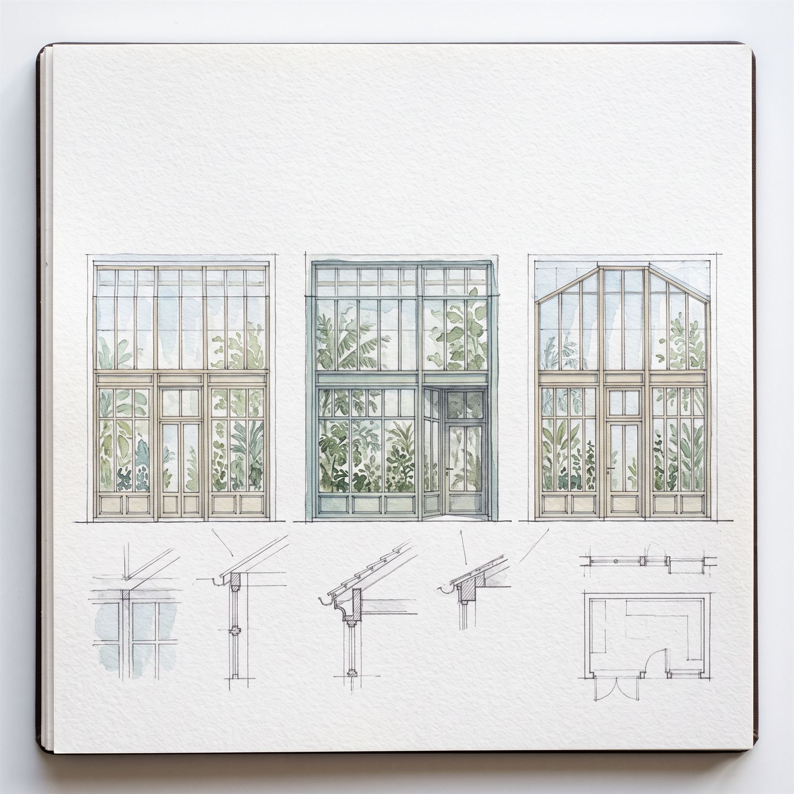Sketchbook page of three glazed facade iterations with eaves and gutter details below