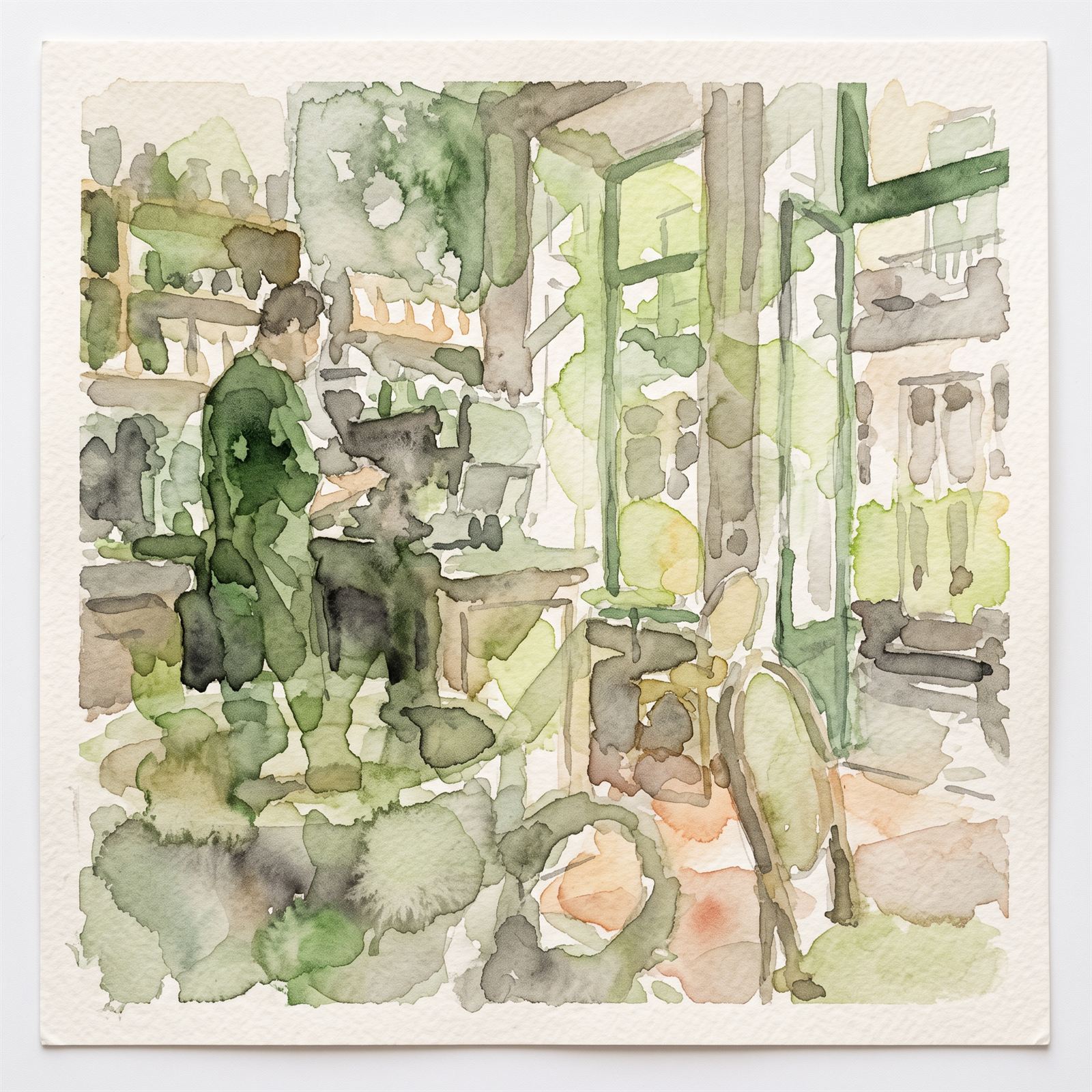 Loose watercolour light study of the café interior in greens and terracotta