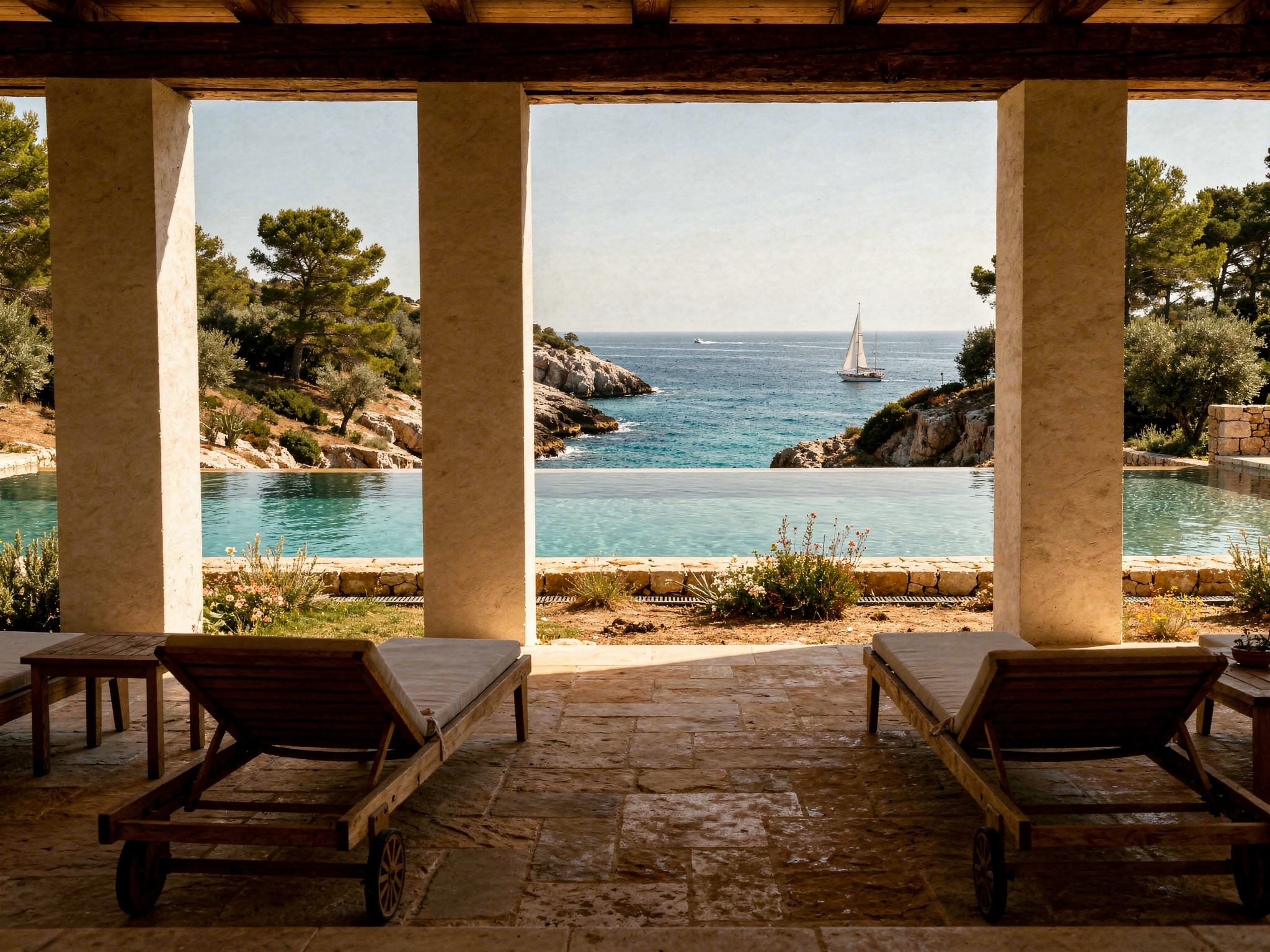 A shaded loggia opening to a stone infinity pool and the cove