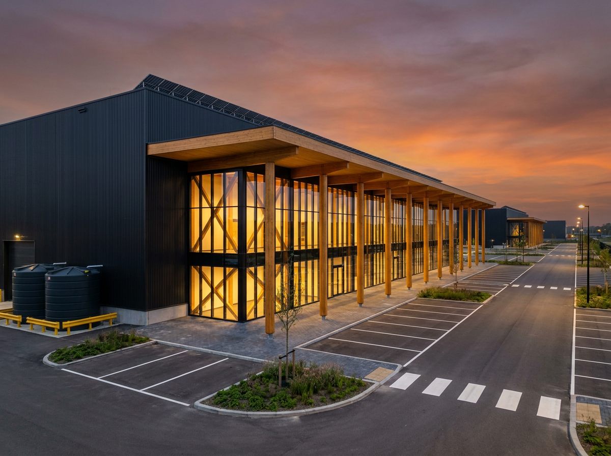 Crossfield Logistics Park — aerial masterplan render of warehouses
