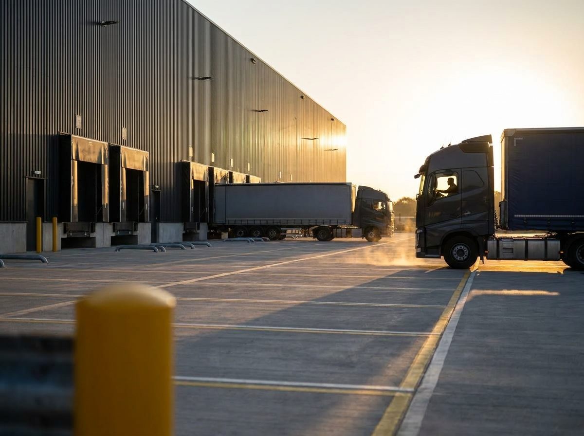 Loading docks with trucks and long shadows
