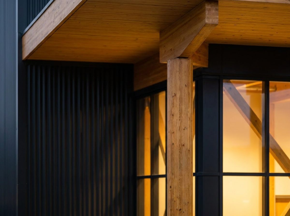 Glulam column meeting timber canopy soffit and charcoal corrugated steel