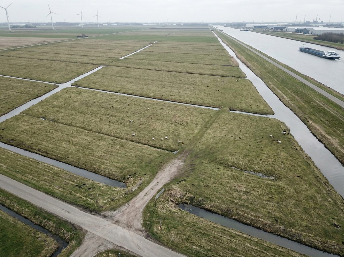 Masterplan options study — locked aerial frame of the empty polder site
