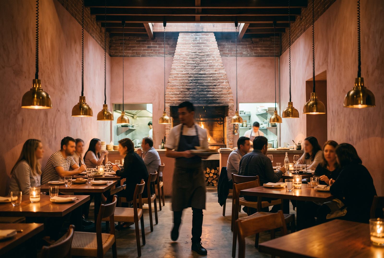 The dining room in full service — brass pendants over walnut tables, a waiter mid-stride, the brick chimney rising beyond