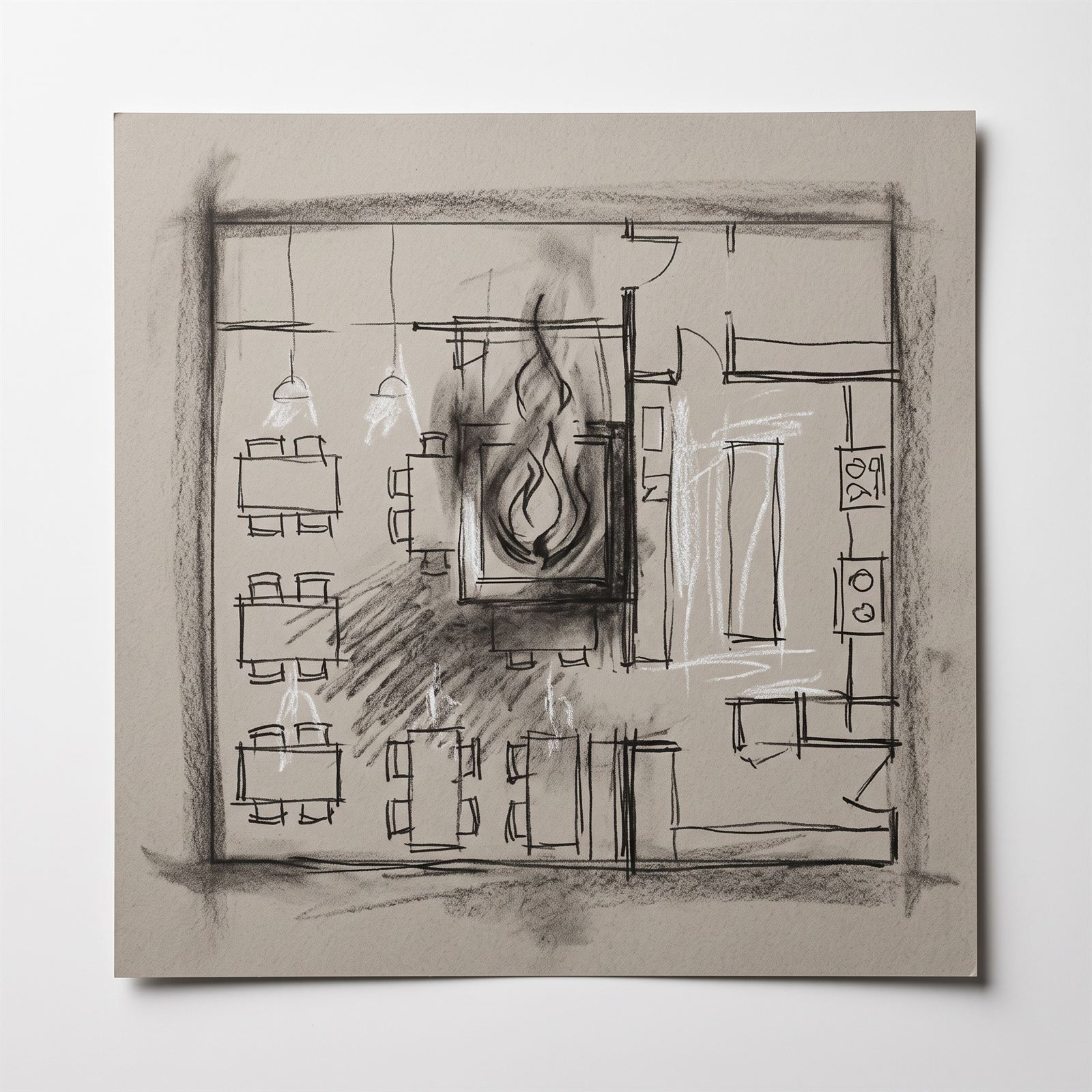 Charcoal concept plan — the dining room arranged around the central hearth, kitchen and stores behind