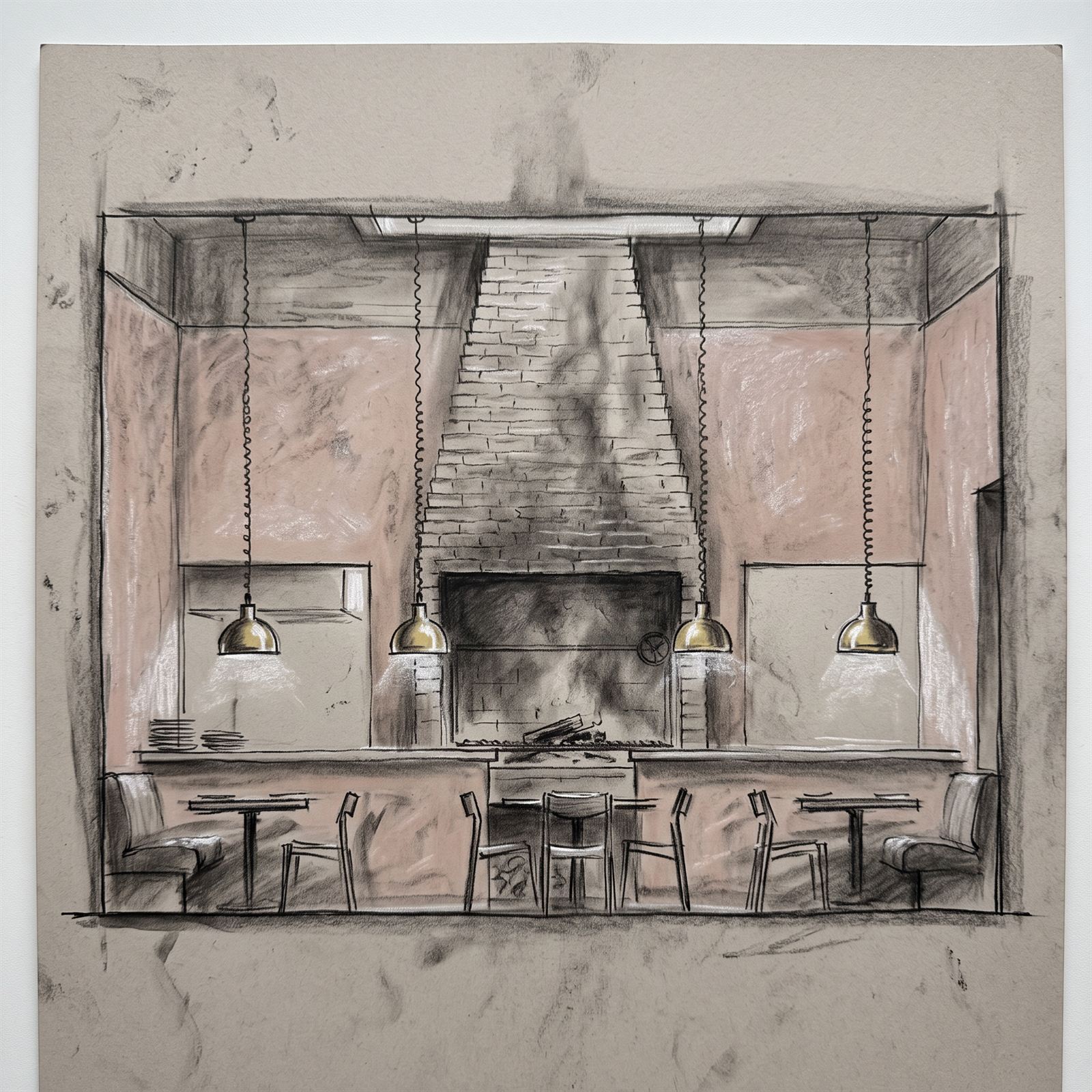 Charcoal and pastel section study through the dining room, the brick chimney rising between the two kitchen windows