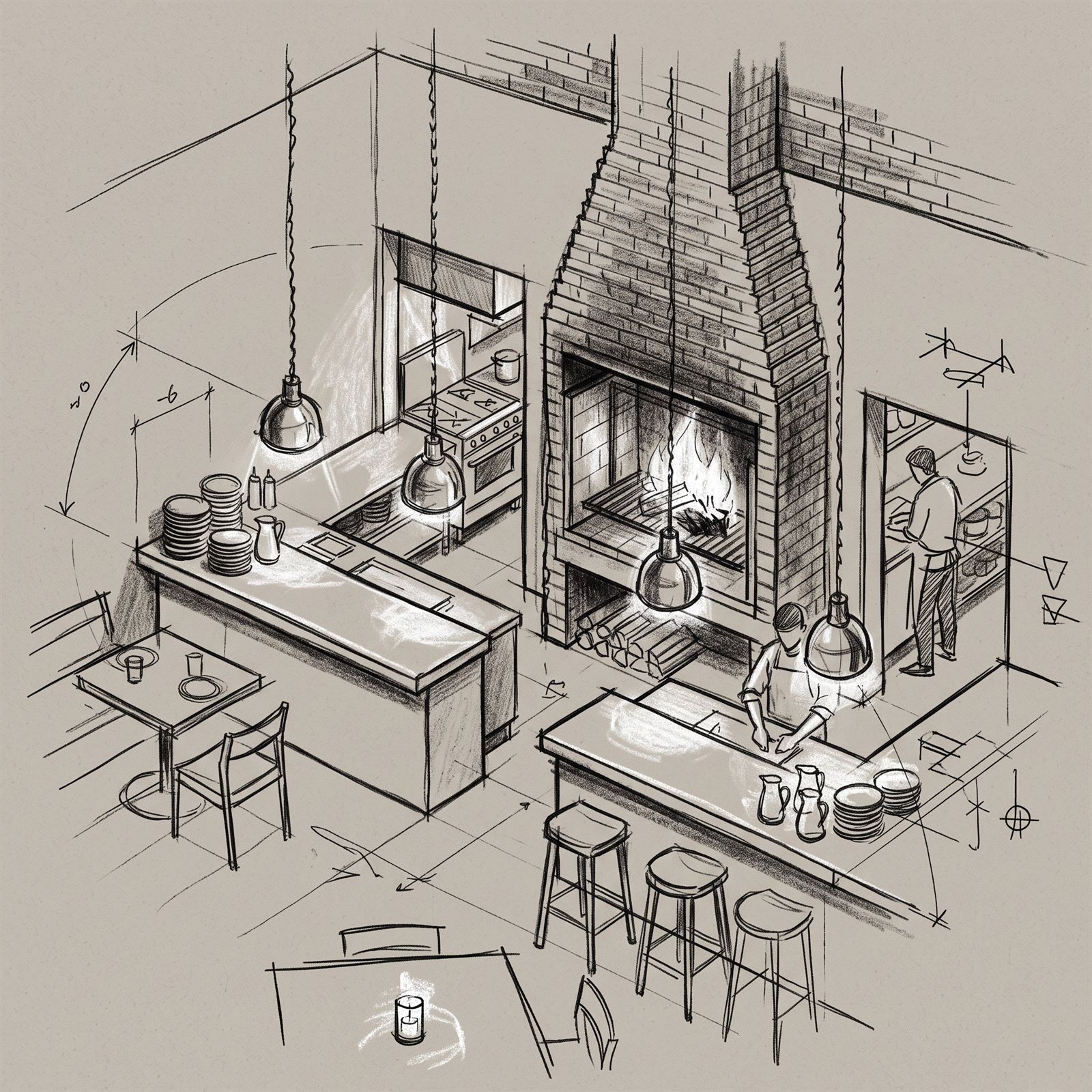 Pencil axonometric of the open kitchen and pass either side of the hearth, with setting-out dimensions