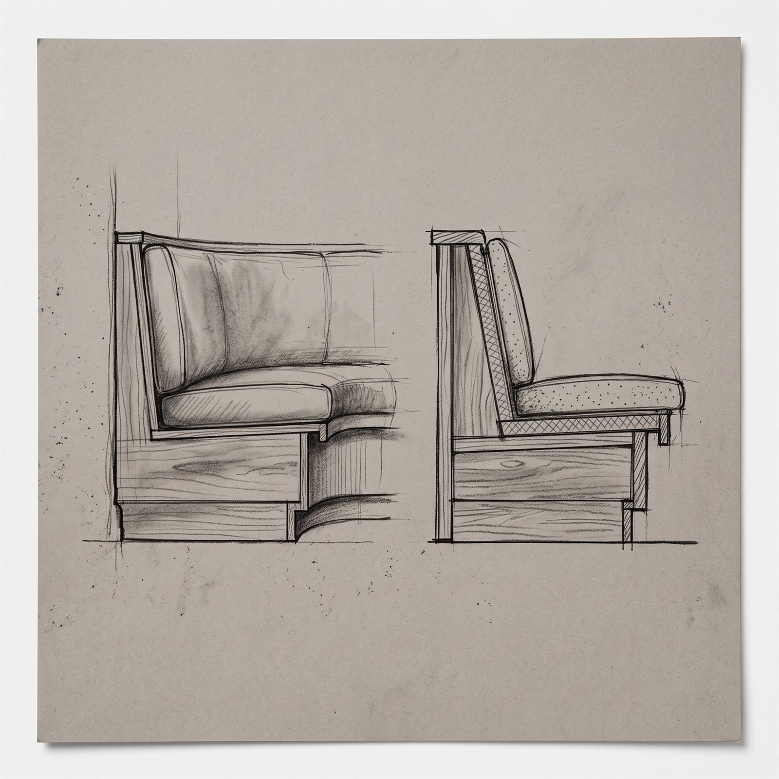 Pencil design study of the walnut banquette — elevation and sectional detail with upholstery hatching