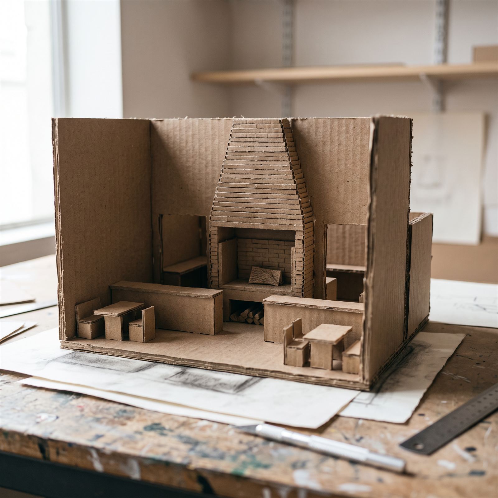 Card massing model of the dining room and chimney on the studio bench, scalpel and charcoal plan beneath