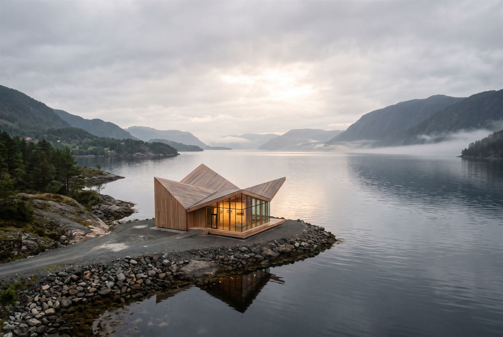 Aerial visualisation of the folded-roof timber pavilion on its rocky point, the fjord and mist-banked mountains beyond
