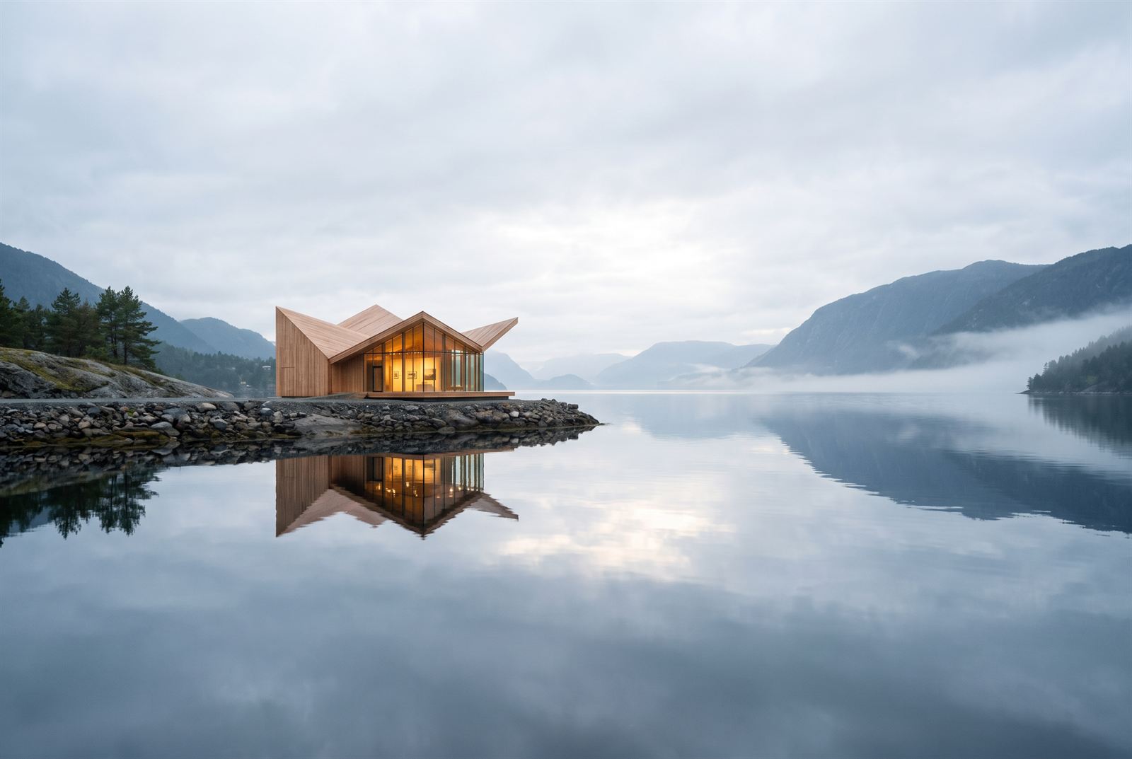 The lit pavilion seen across mirror-still water at first light, its folded roof reflected exactly