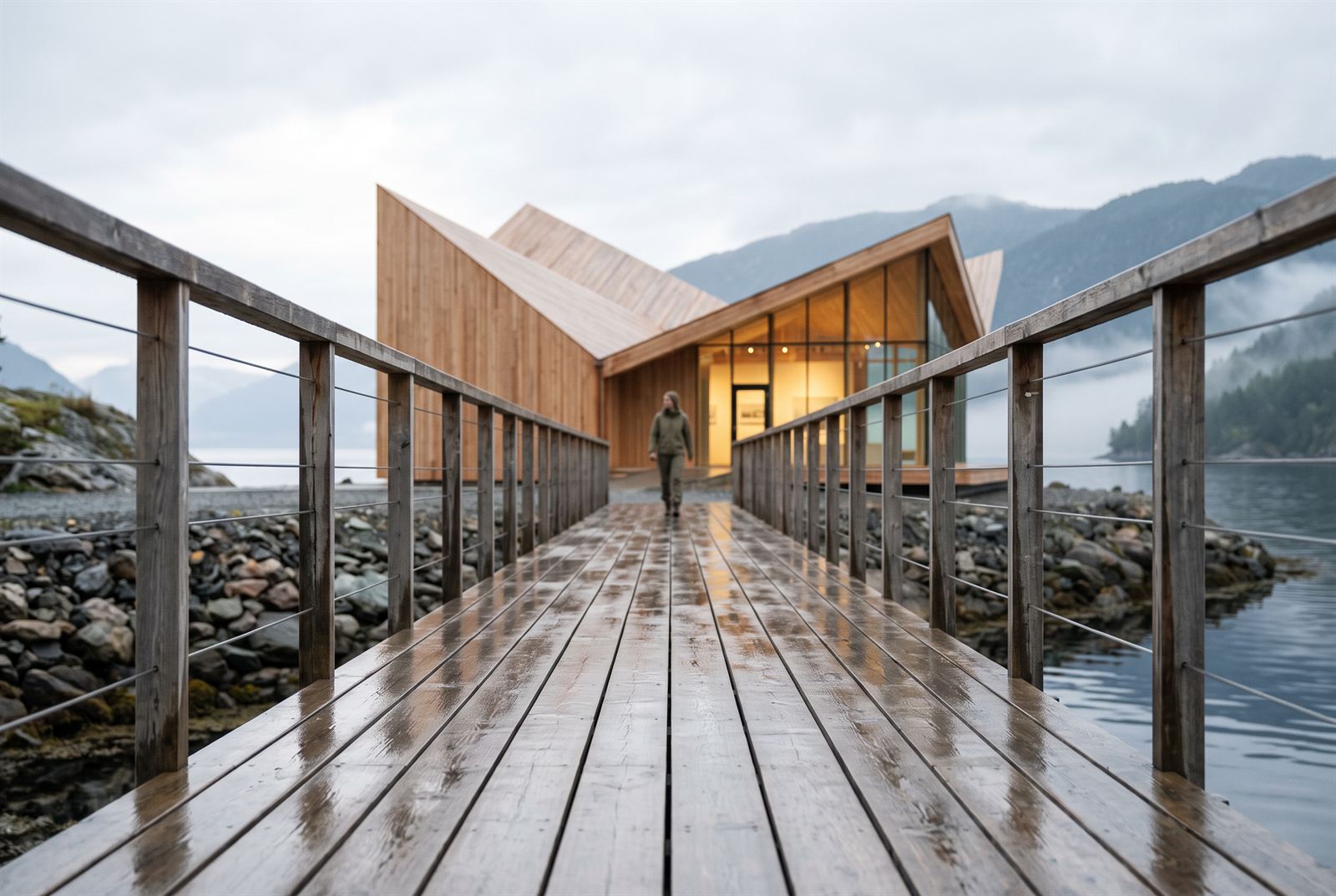 Rain-wet timber boardwalk with wire balustrades leading a lone visitor to the glowing entrance