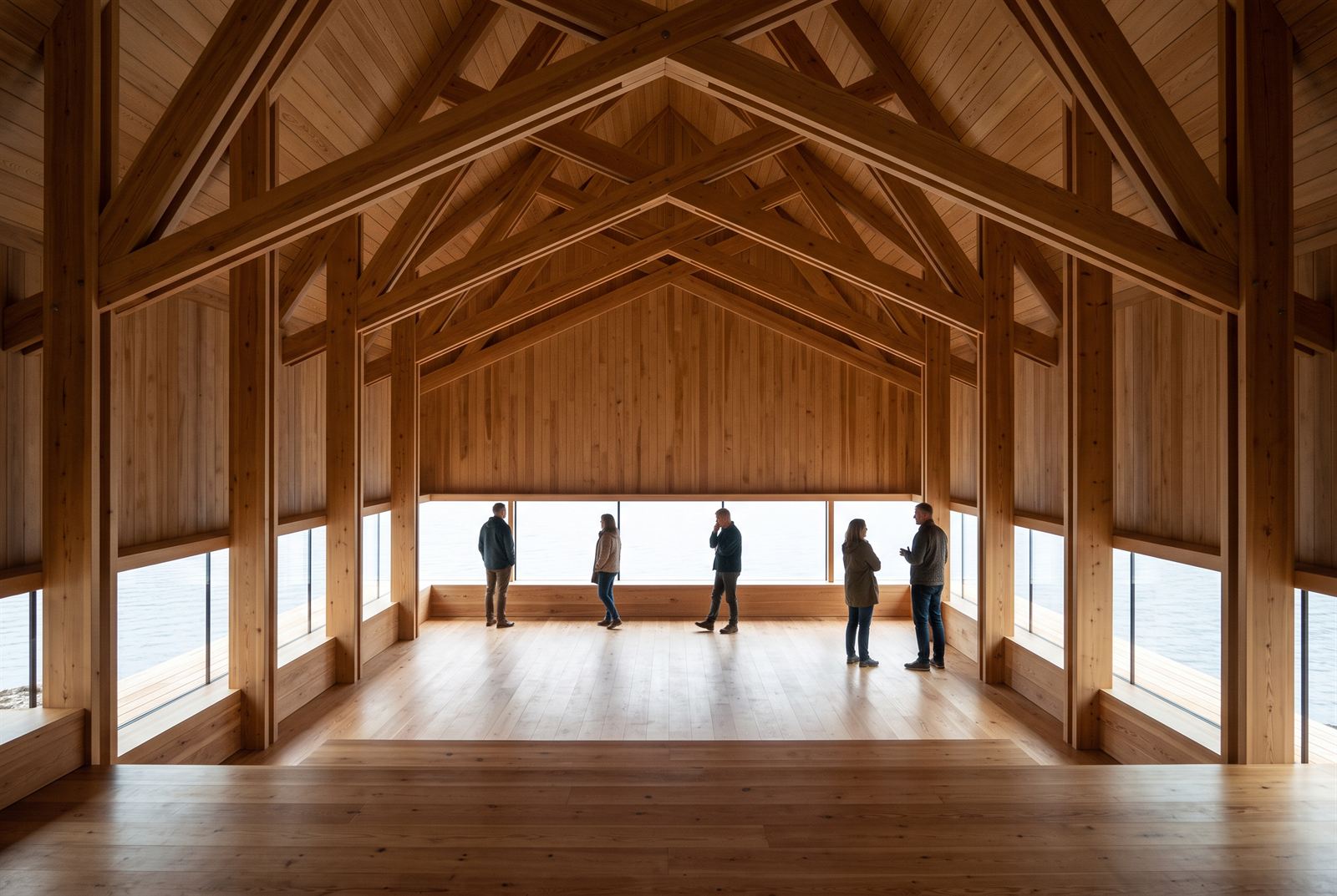 Visitors in the main hall beneath exposed glulam trusses, a low ribbon window framing the water
