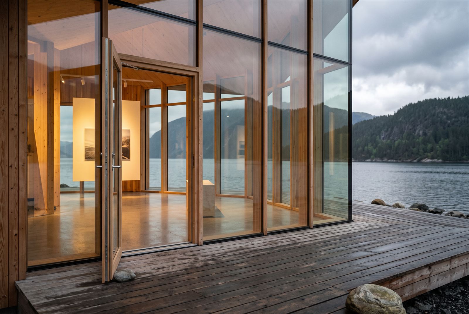 The glazed gallery door pivoted open to the larch deck, framed works glowing inside against the grey fjord