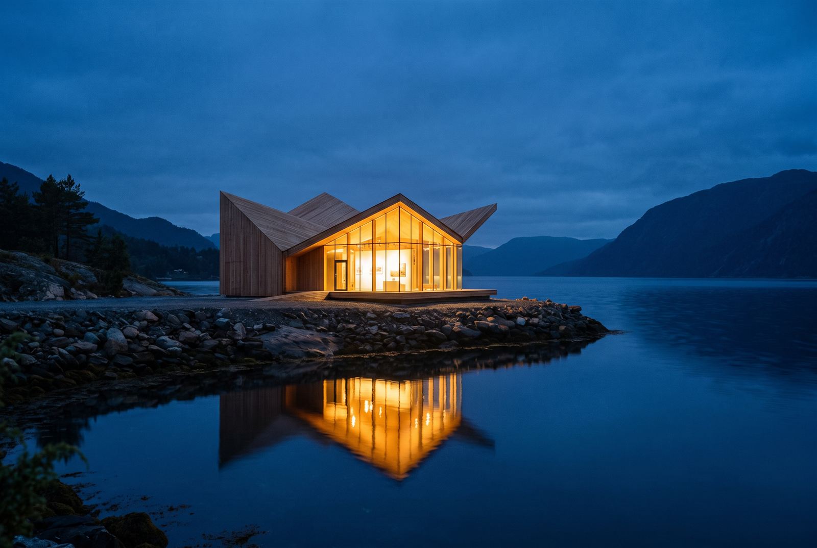 The pavilion at blue hour glowing like a lantern, its warm reflection laid across the dark fjord