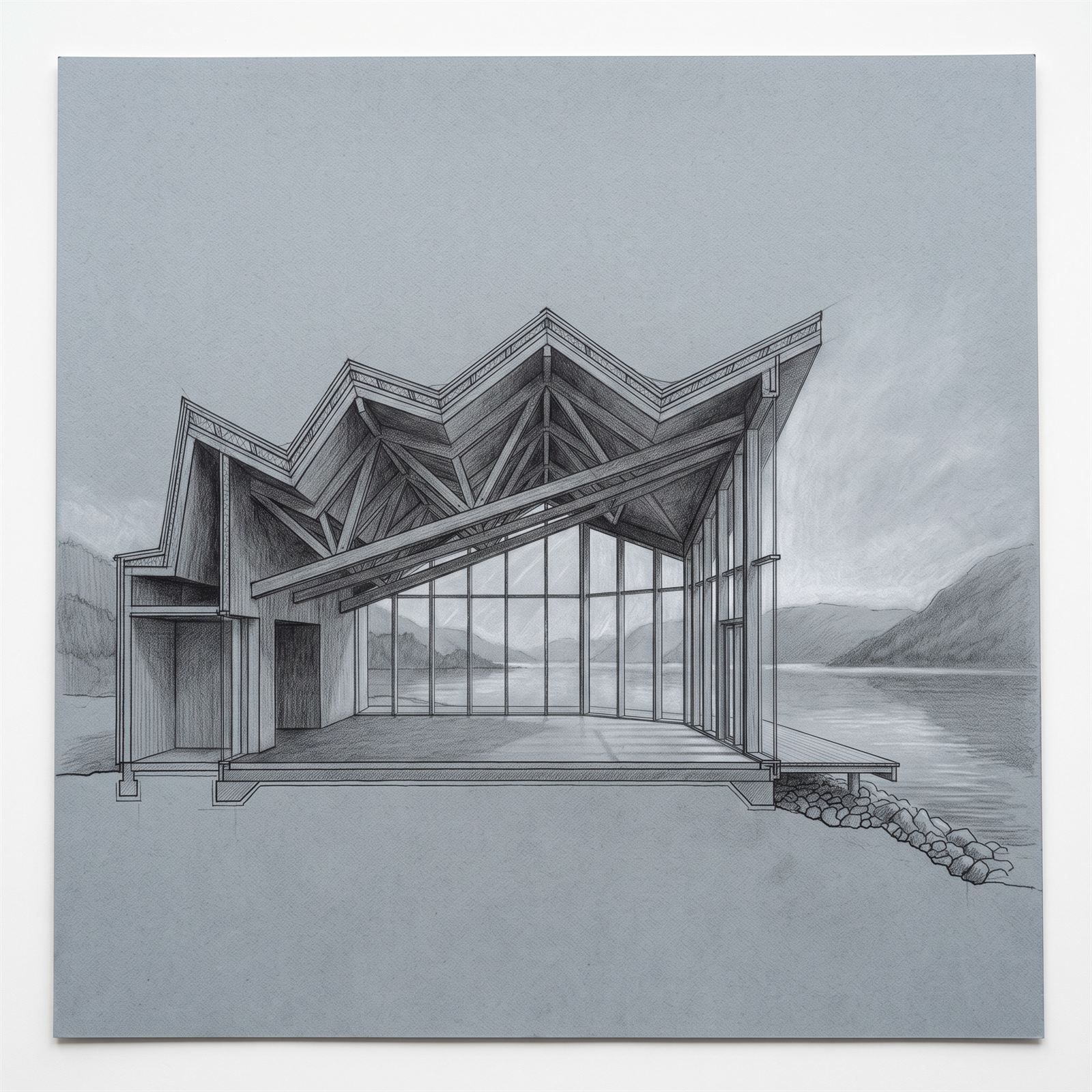 Graphite long section through the hall showing the folded roof structure and glazed gable to the water