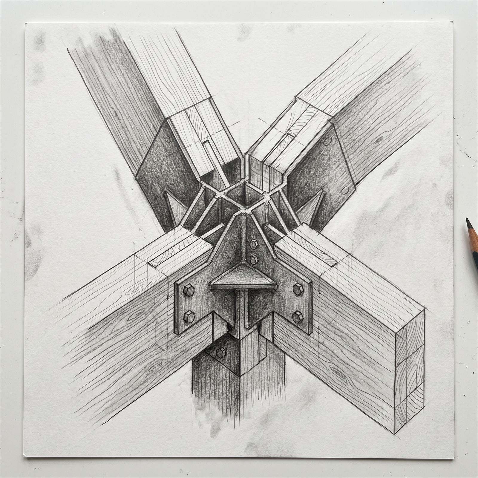 Pencil study of the four-beam node with its steel plates and bolts drawn at large scale