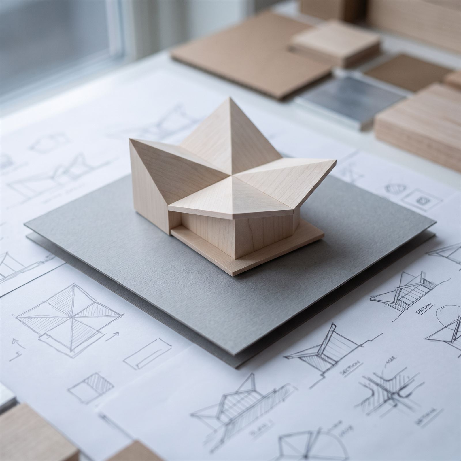 Basswood massing model of the folded roof on a grey card base, over plan and section sketches