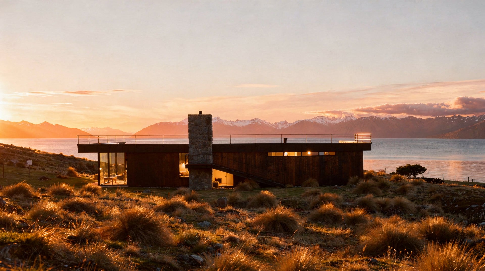 Timber and schist residence above Lake Wanaka at dusk
