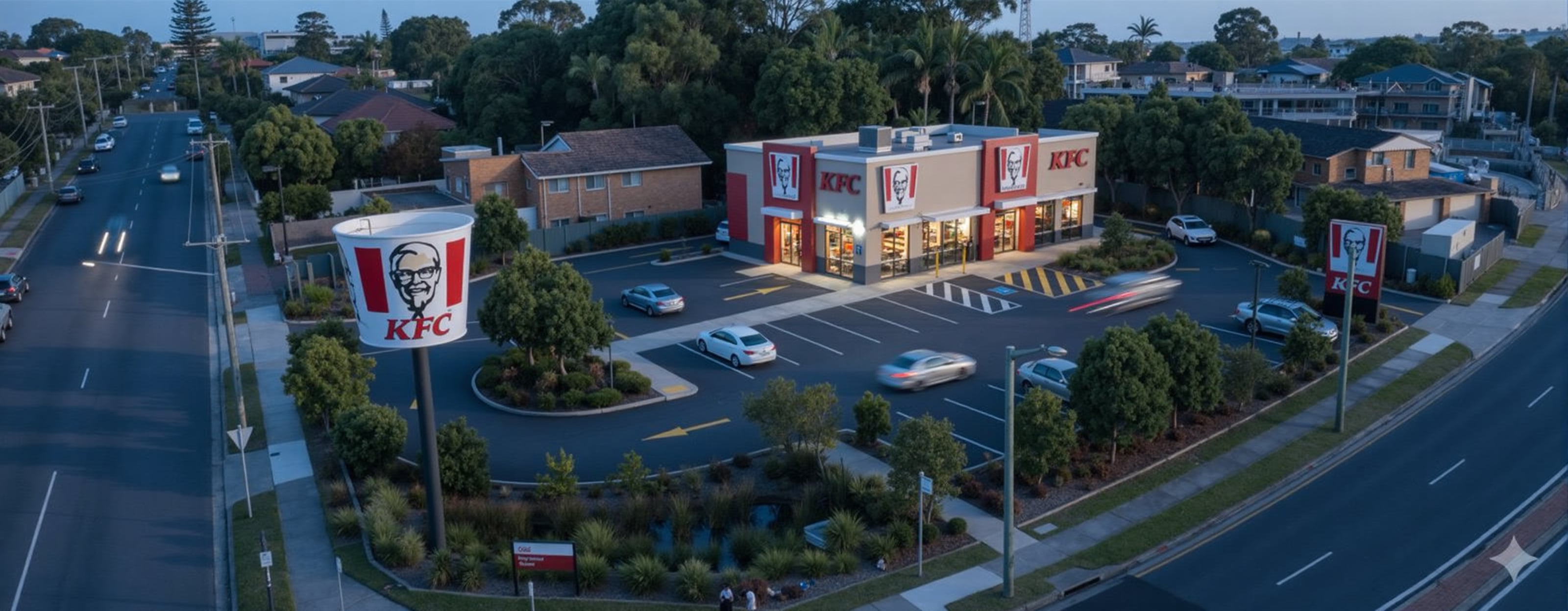 Option A from the air at dusk, interior lighting on and the drive-thru lane in use
