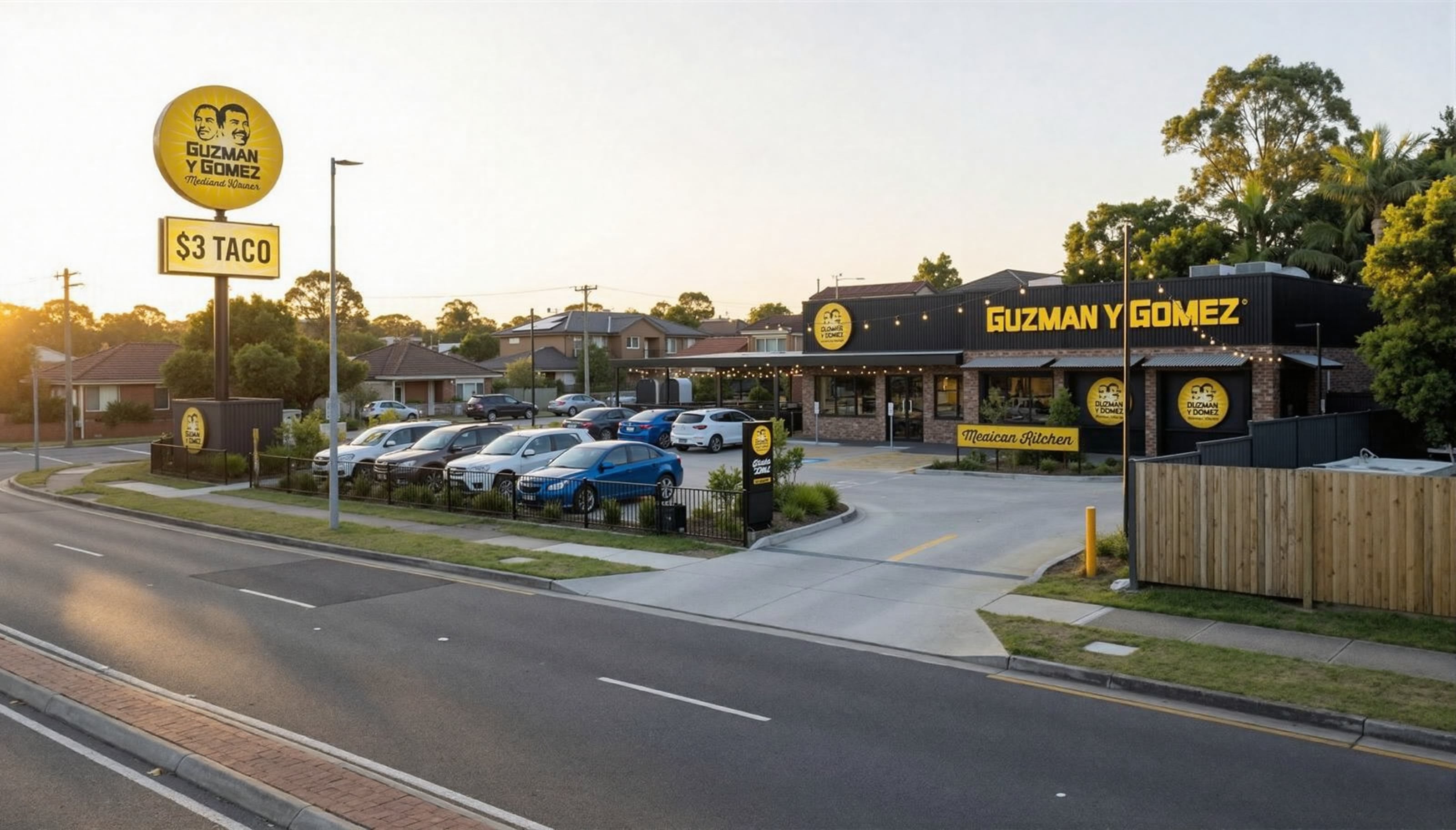 Option B from the footpath at golden hour, covered dining terrace fronting the car park