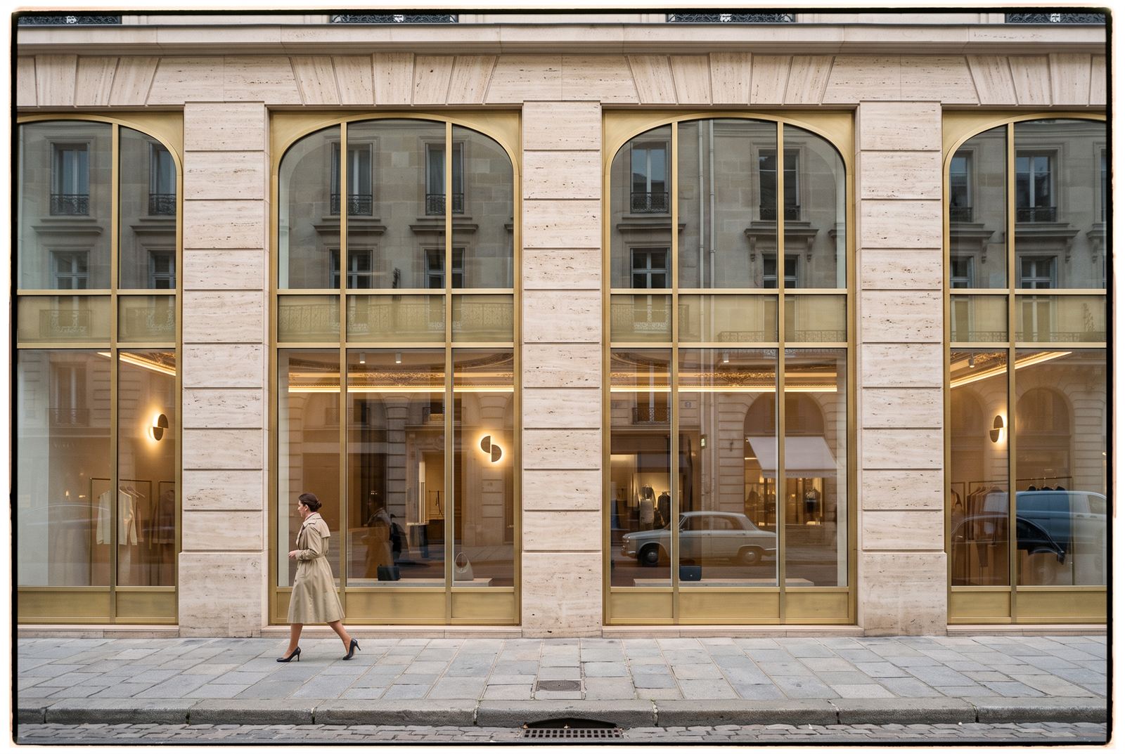 Limestone street facade with tall brass-framed arched windows and a passer-by in a trench coat