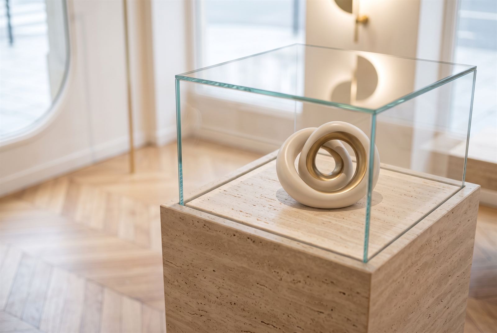 Glass display case on a travertine pedestal holding a cream and brass sculptural piece