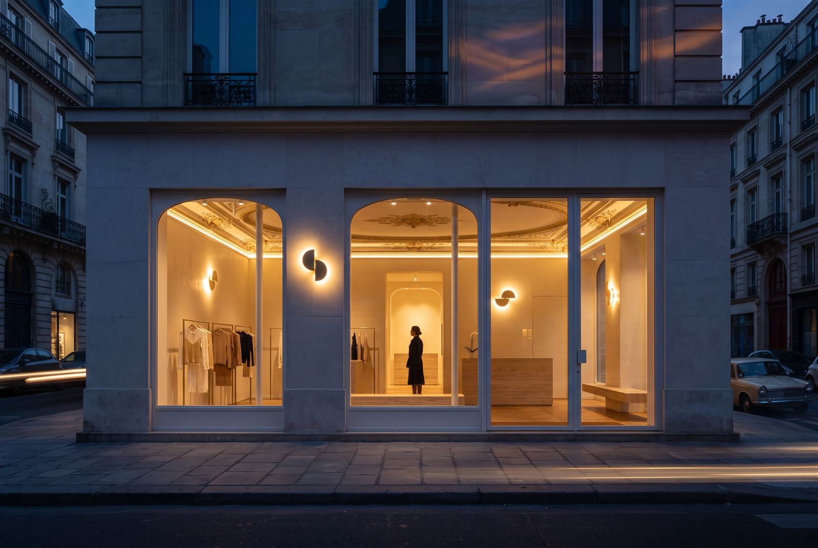 The flagship at blue hour with the gilded ceiling glowing warm through the three arched windows