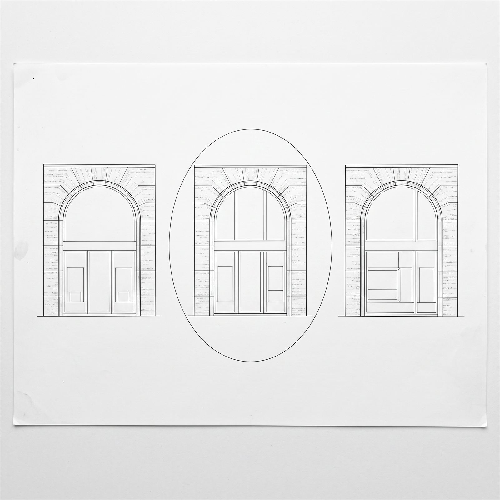 Ink elevation study of three arched bays testing glazing options, the preferred bay circled