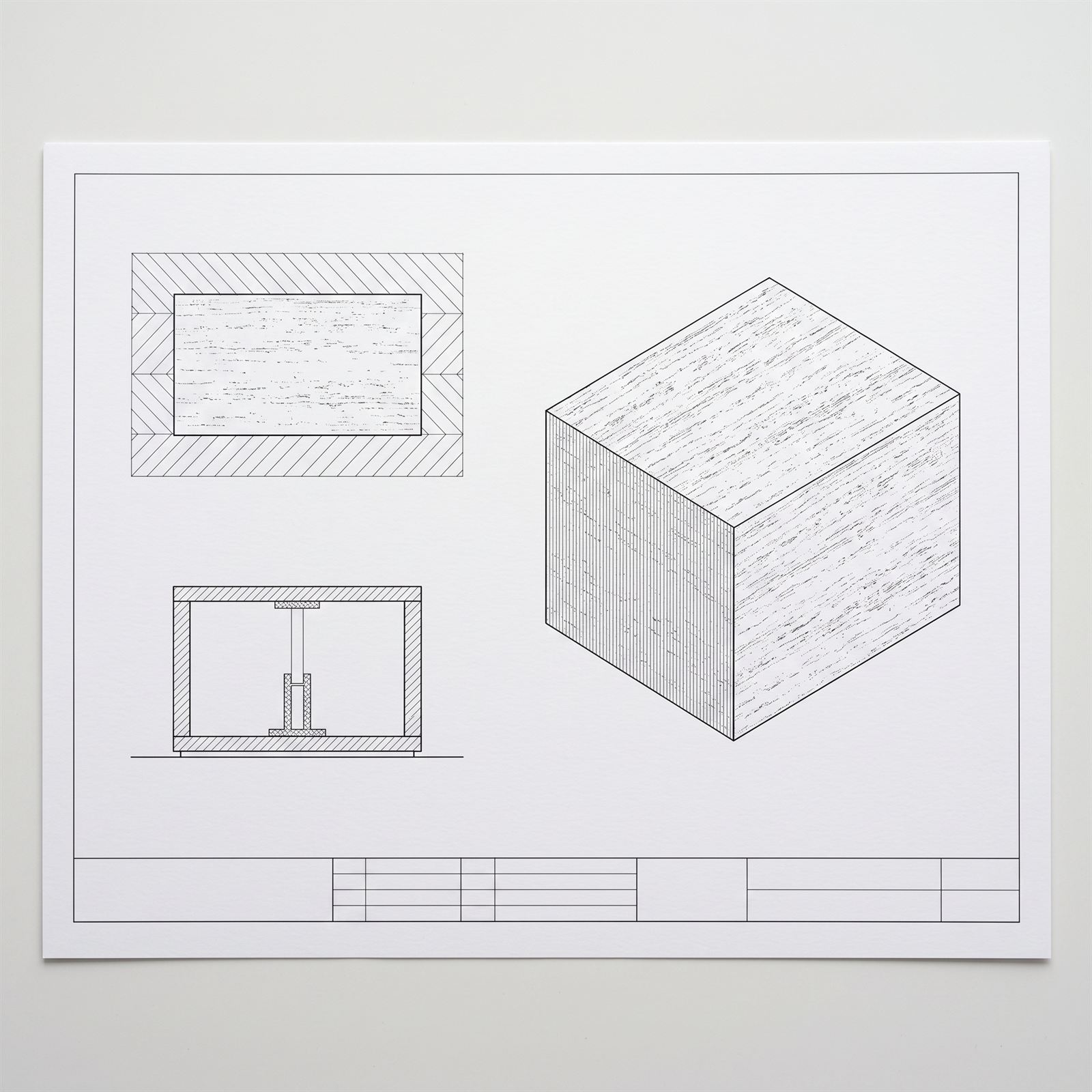 Measured ink drawing of the steel display plinth in plan, section and axonometric