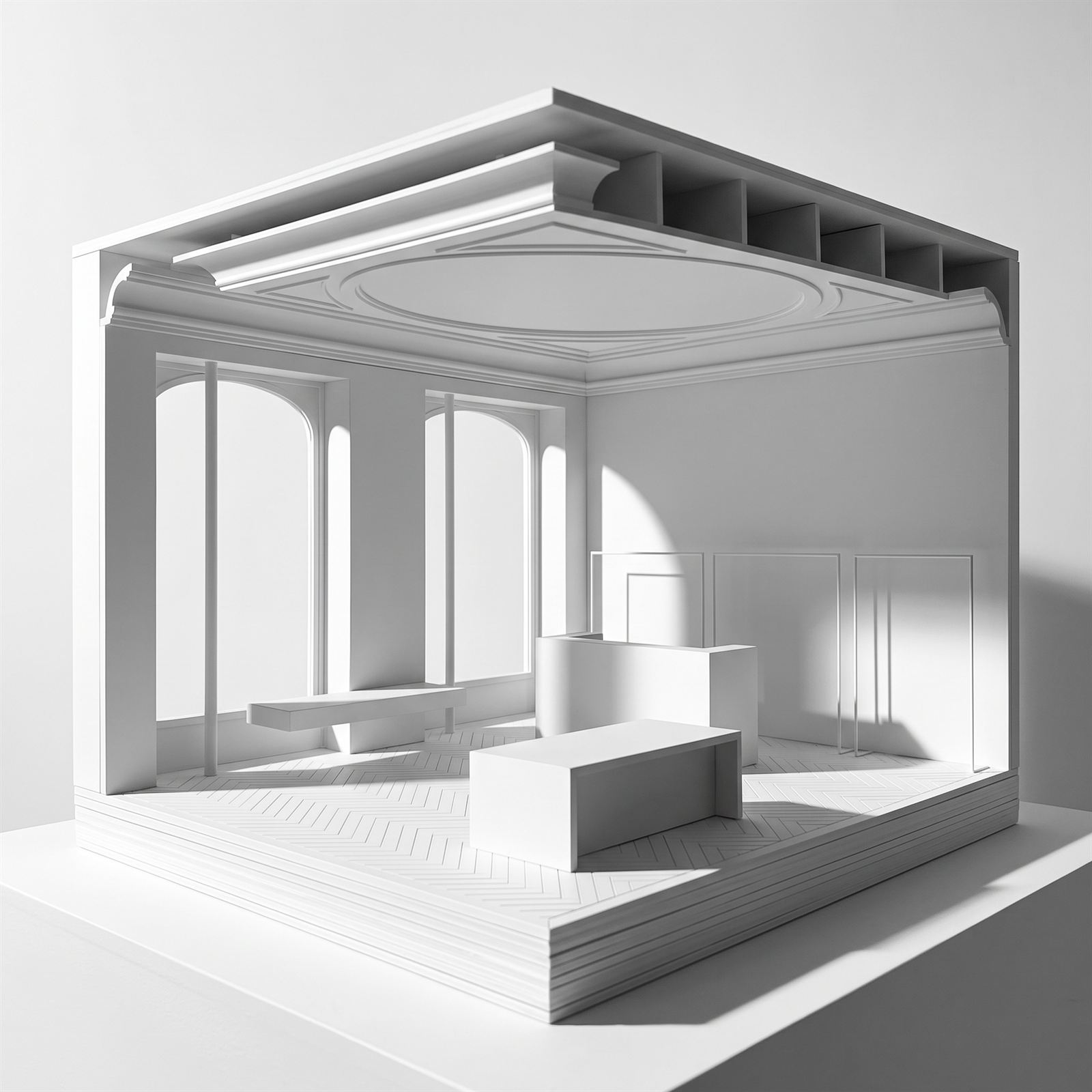 White card model of the salon in raking light, arched windows throwing shadows across the floor