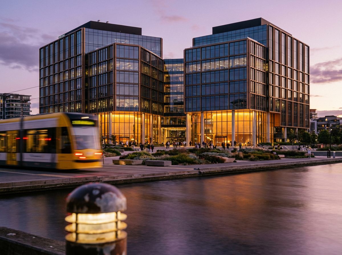 Meridian Docklands — twin bronze-and-glass office towers above a Melbourne plaza