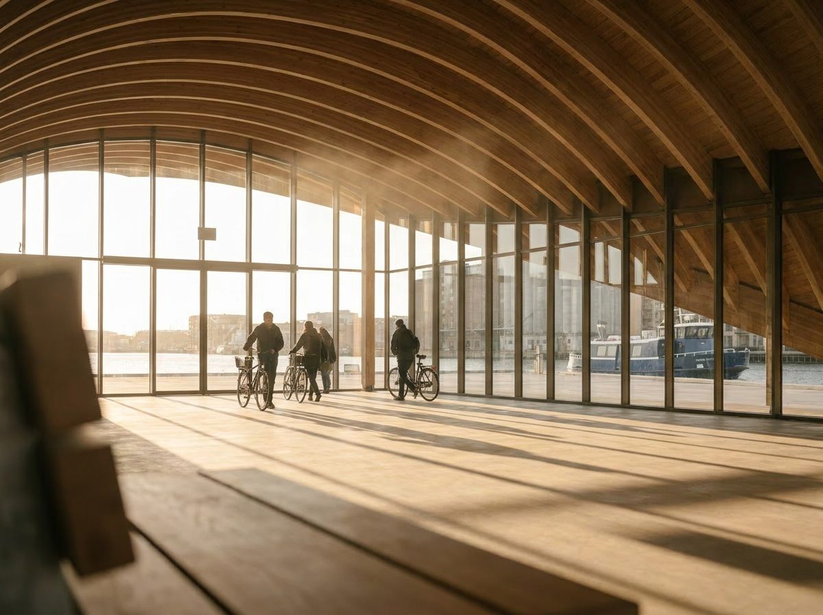 Concourse interior with ribbed timber roof and morning light shafts