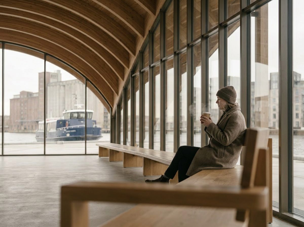 Commuter with coffee at the waiting edge, harbour beyond