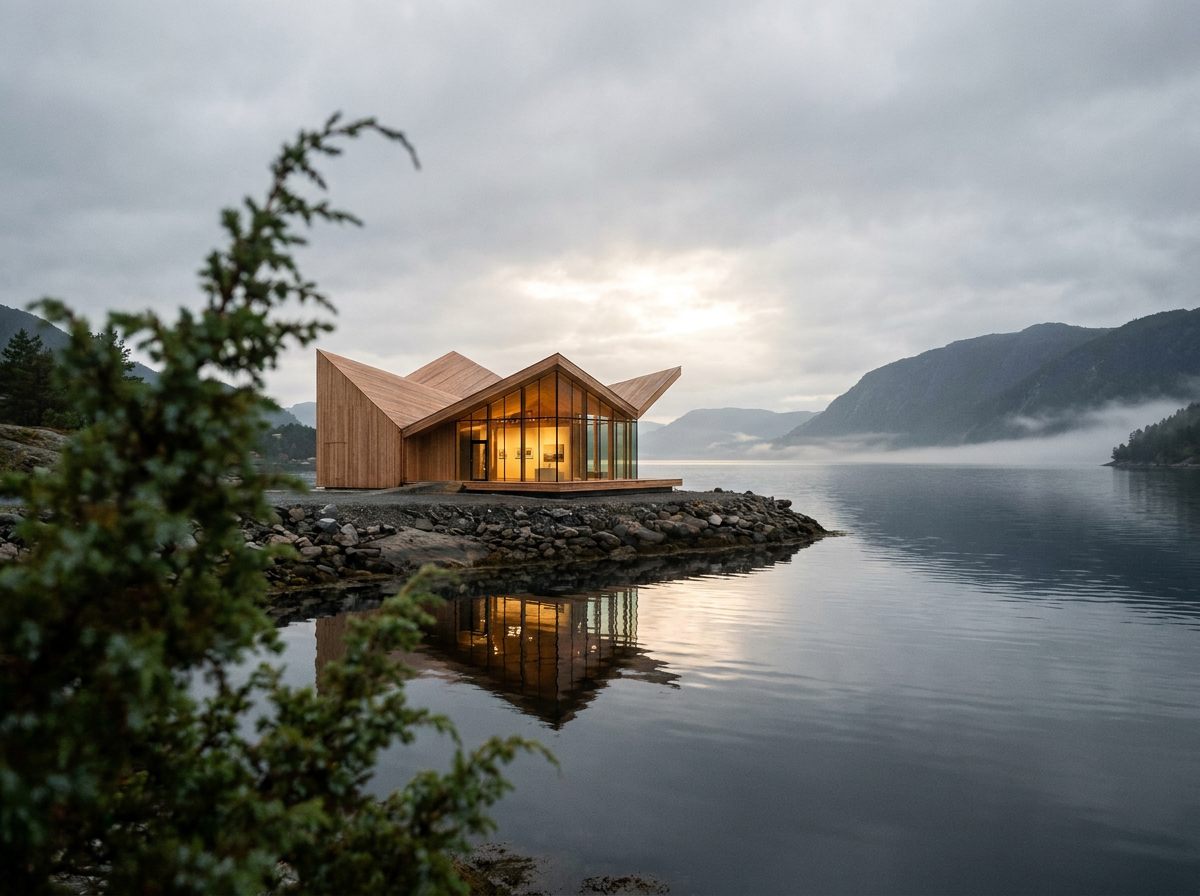 Fjord Pavilion — sculptural pavilion render beside the fjord