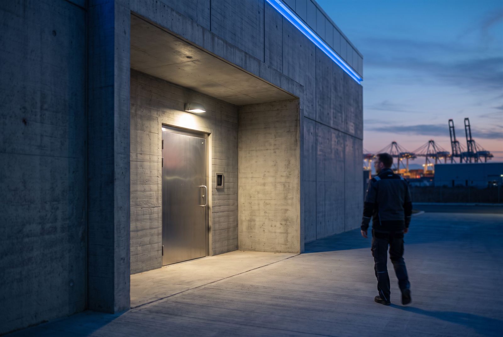 A technician at dusk walking towards the recessed stainless-steel entry door in the board-marked concrete wall, port cranes behind
